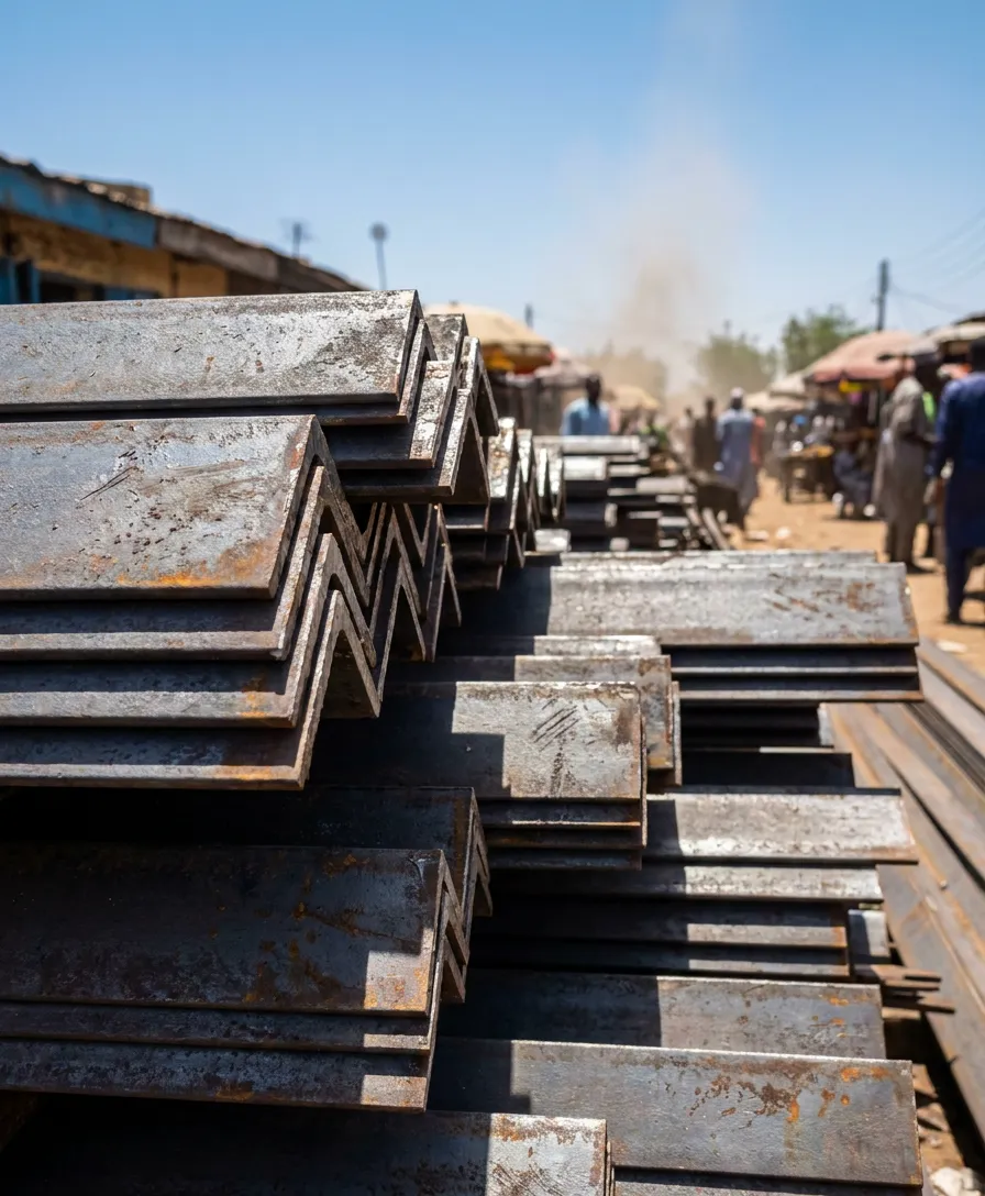 Steel angle iron bars stacked at Sky Prince Steel yard in Kano.