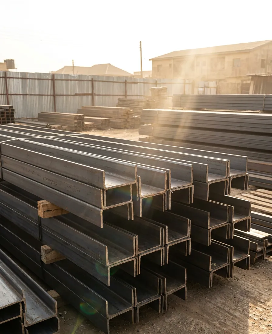 Structural steel beams stacked at Sky Prince Steel yard in Kano.