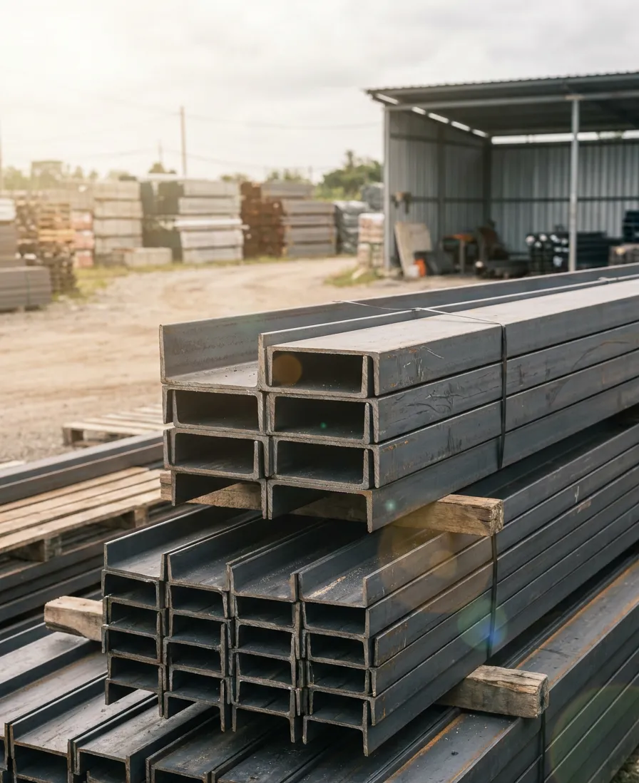 Channel iron bundles stacked at Sky Prince Steel yard in Kano.